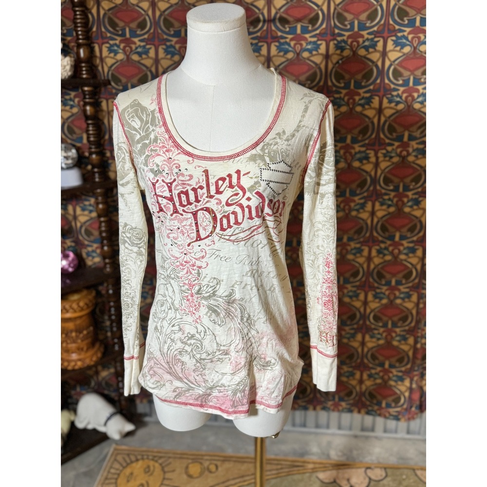 Harley Davidson Ivory Long Sleeve Rhinestone Embellished Top - Small
